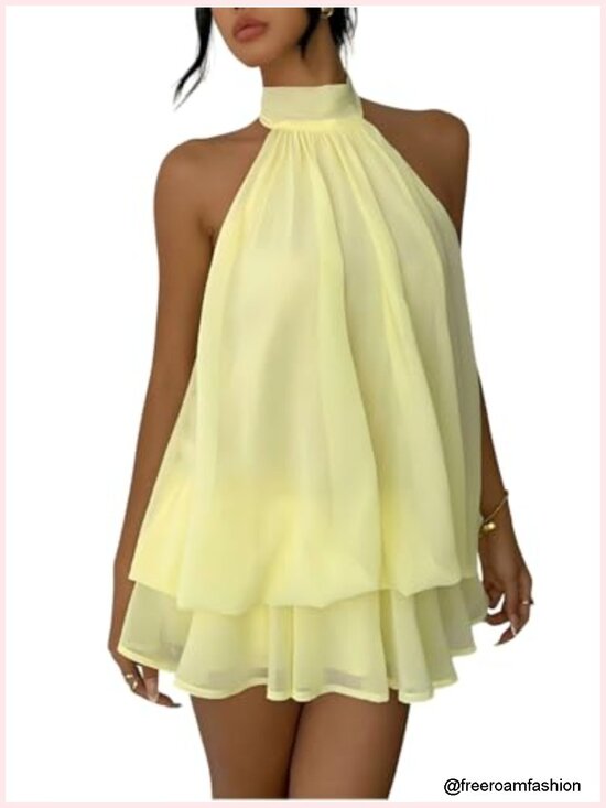 Dresses & Skirts - Chiffon Halter Mini Dress Backless Ruffle Flowy Wedding Guest Cocktail Y2k